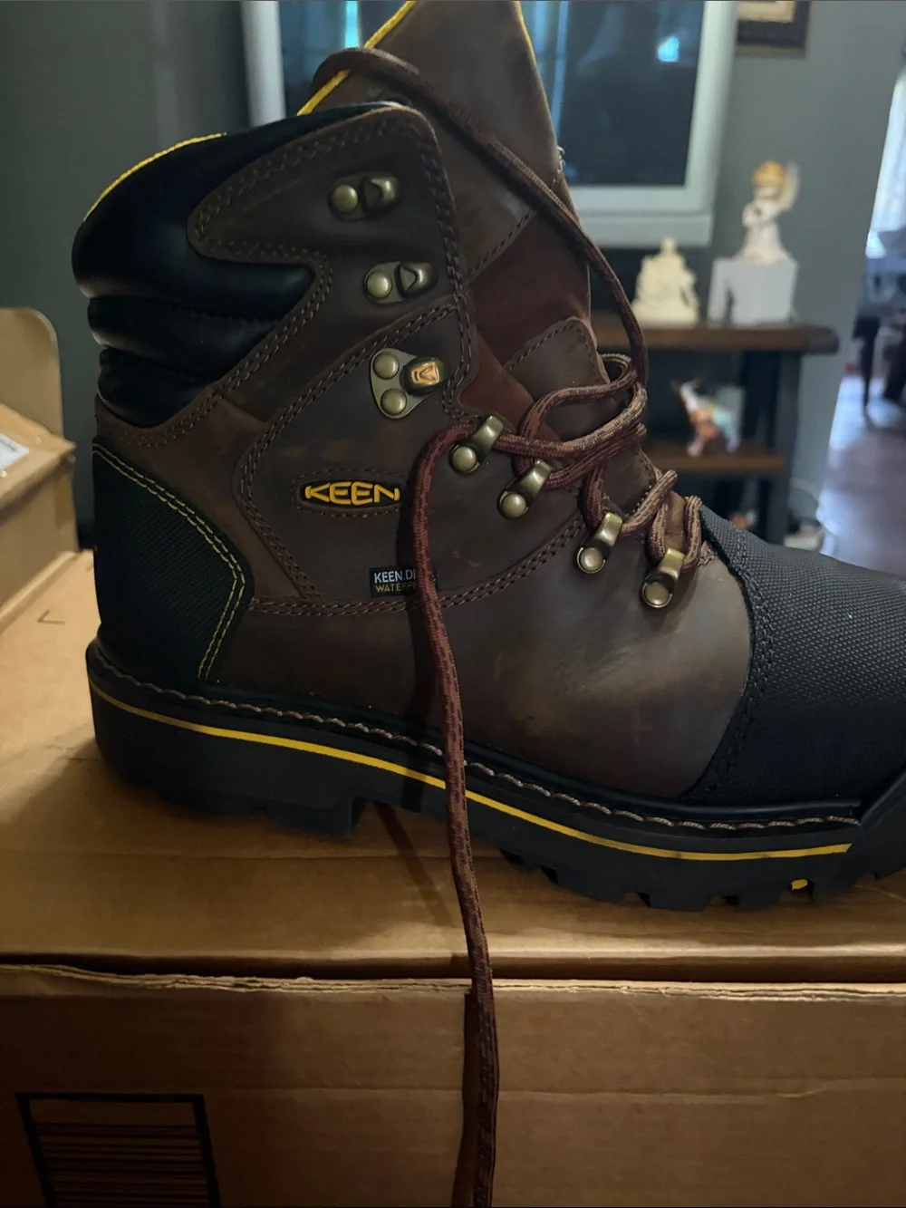 Keen Brown and Black Work Boot with Yellow Trim